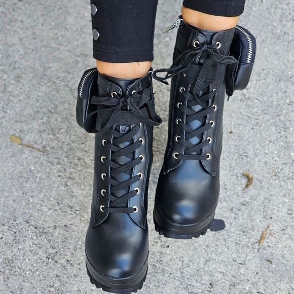 Women's Black Block Heel Lace Up Botties - Picture 2 of 5